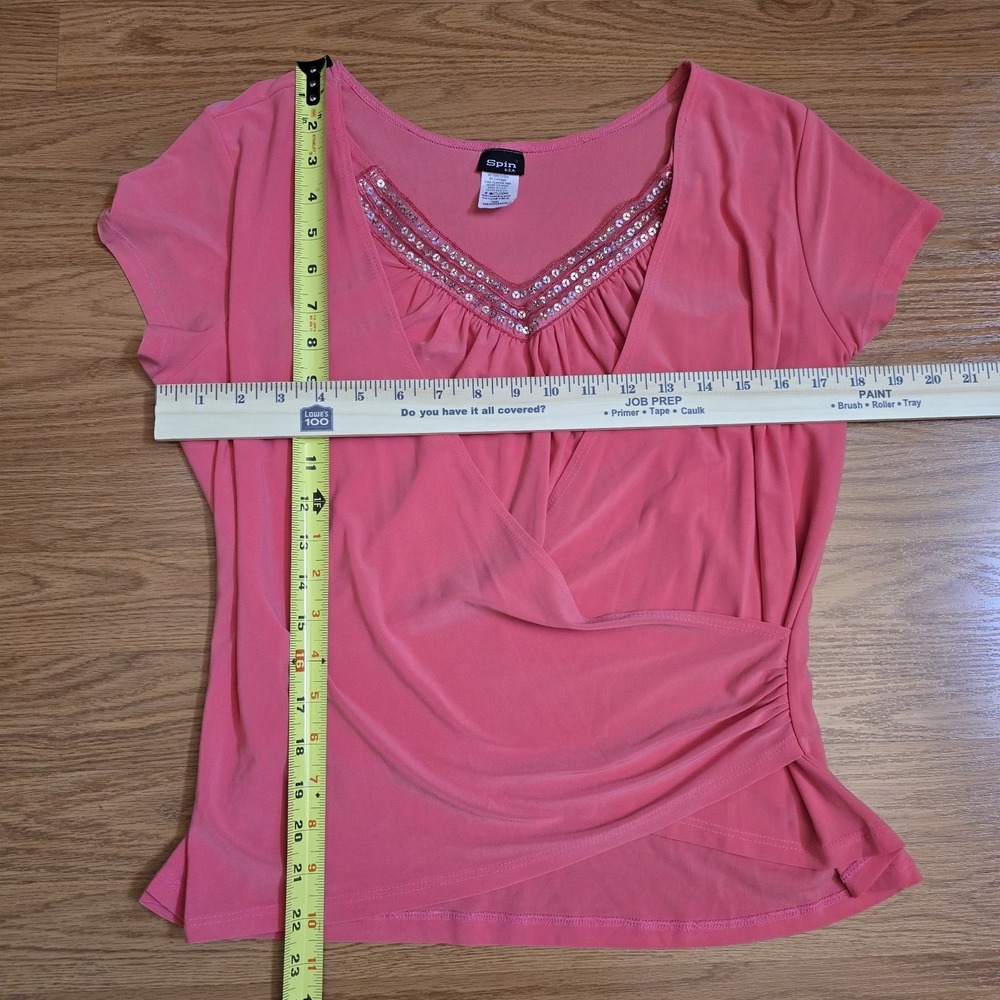 Spin Faux Wrap Top Womens XL V-Neck Coral Y2k 90s Ruched Coquette Bling USA Made - Picture 5 of 7